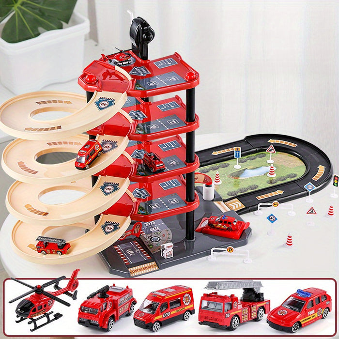 Fitlybuy multi-level red fire station garage playset with spiral ramps, road track, toy vehicles, and traffic signs.