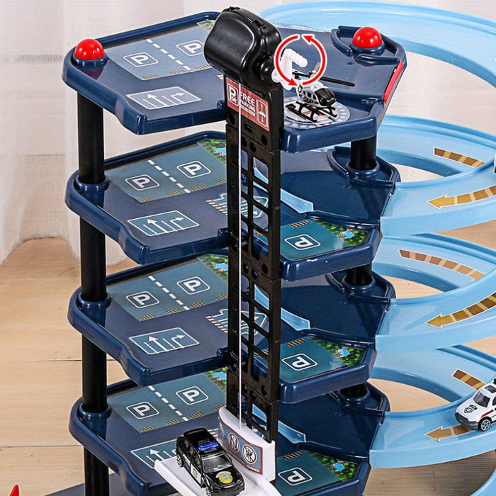 Fitlybuy multi-level navy garage playset with spiral ramps, parking spaces, helicopter, and toy vehicles.