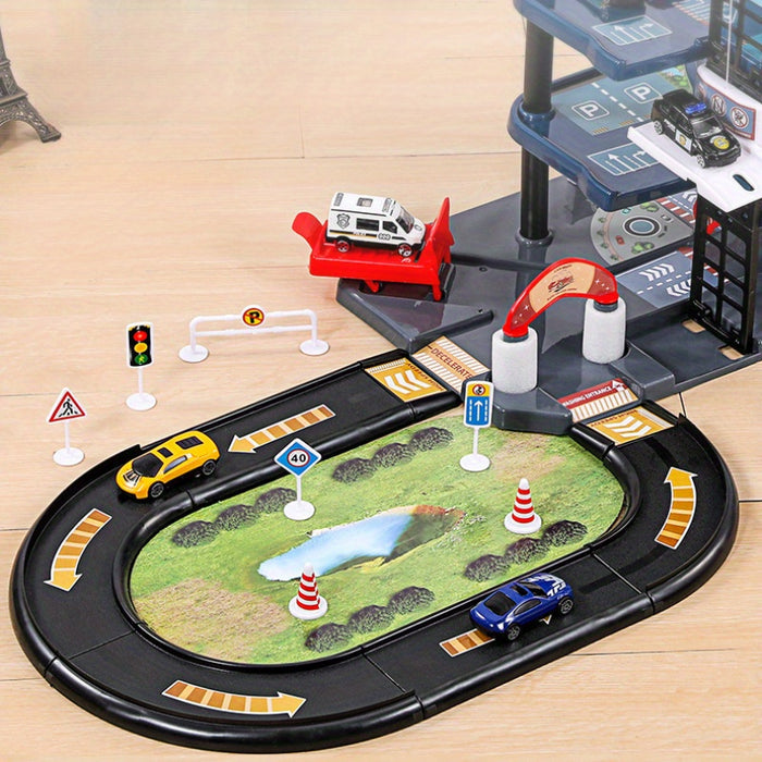 Fitlybuy FirePark multi-level garage playset with toy cars, traffic signs, and a race track loop on a grassy base.