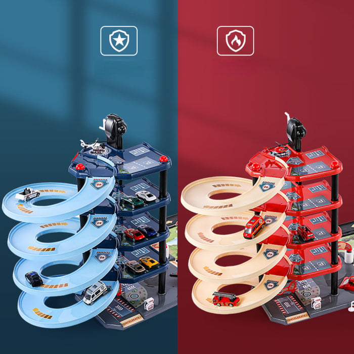 Fitlybuy FirePark multi-level garage playset with spiral ramps, miniature fire trucks, and traffic signs.