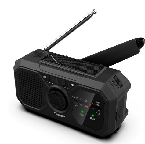 Fitlybuy black portable emergency radio with extendable antenna, solar panel, and hand crank for power.