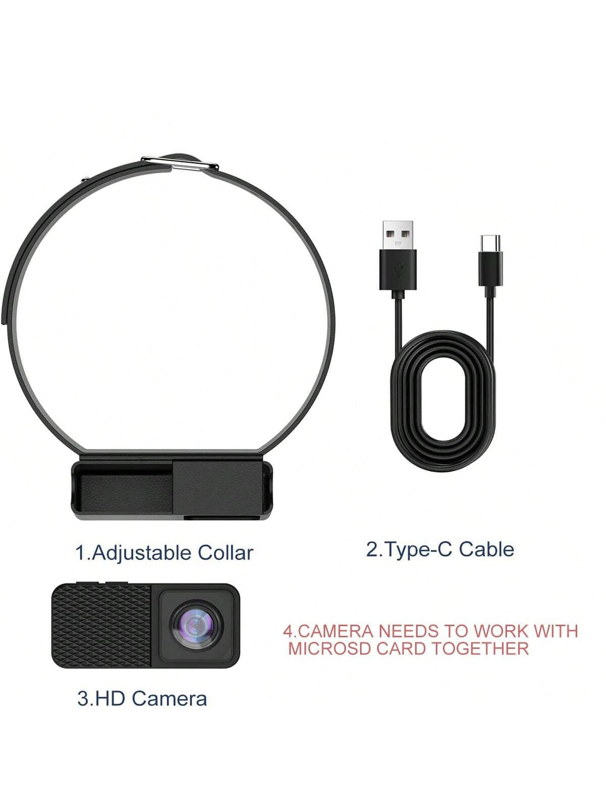 Fitlybuy 1080P pet camera kit with adjustable collar, Type-C charging cable, and compact black HD camera.