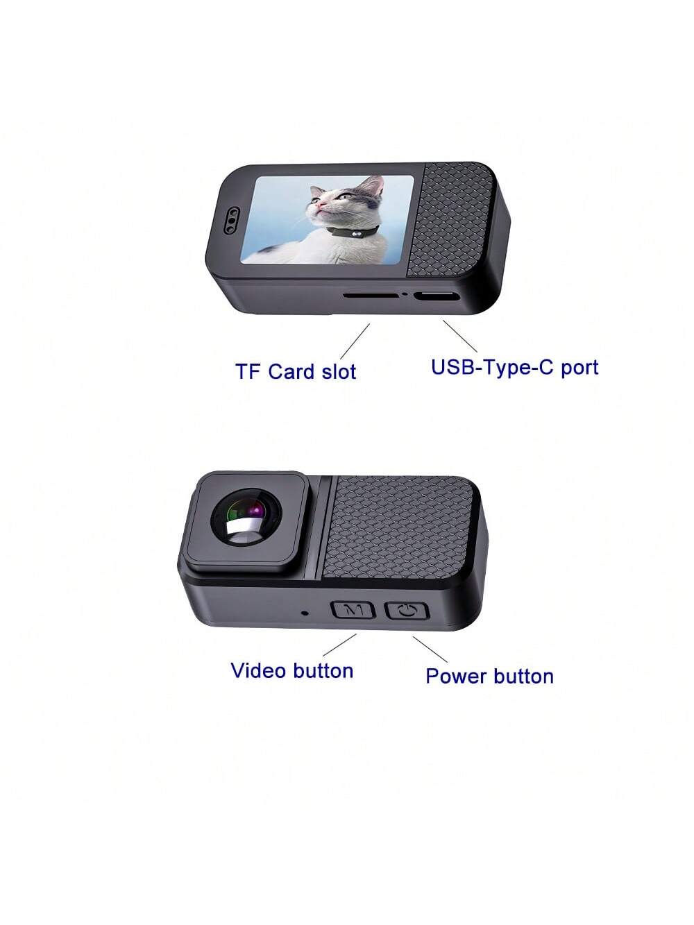 Black Fitlybuy portable 160° pet camera showing LCD screen, lens, TF slot, USB-C port, and control buttons.