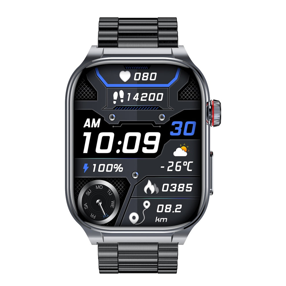 Fitlybuy Kexi-Life Pro 9 smartwatch with black metal band and digital display showing health and fitness metrics.