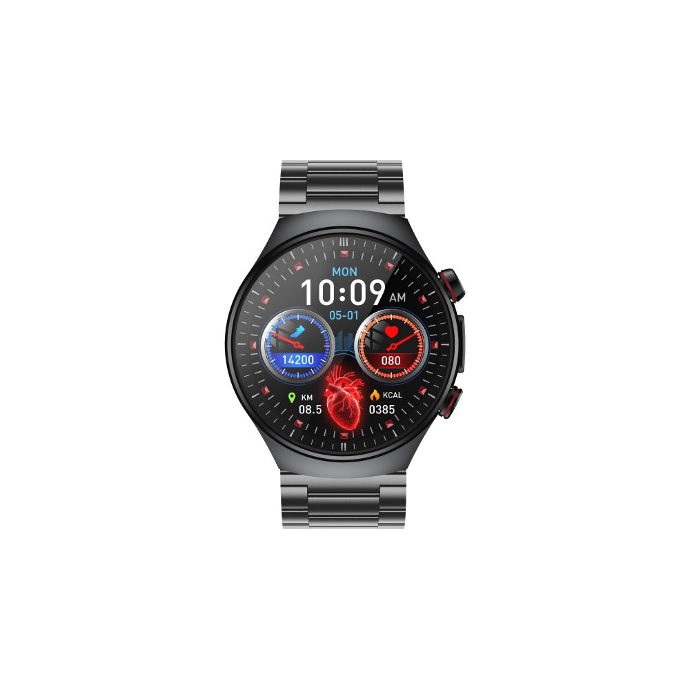 Fitlybuy Kexi-Life Pro 10 black metal smartwatch showing health metrics and heart graphics on a round digital display.