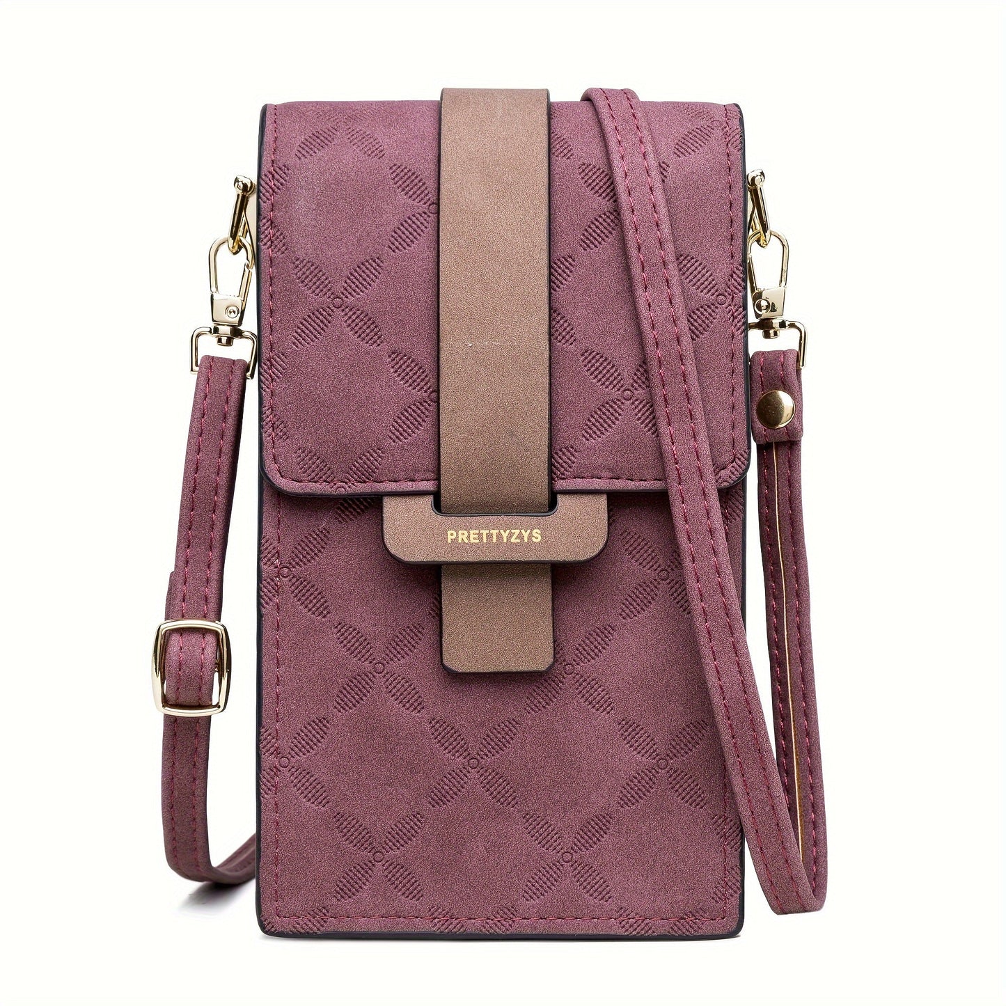 Fitlybuy Lily compact maroon crossbody bag with floral pattern, gold hardware, and a secure strap closure.