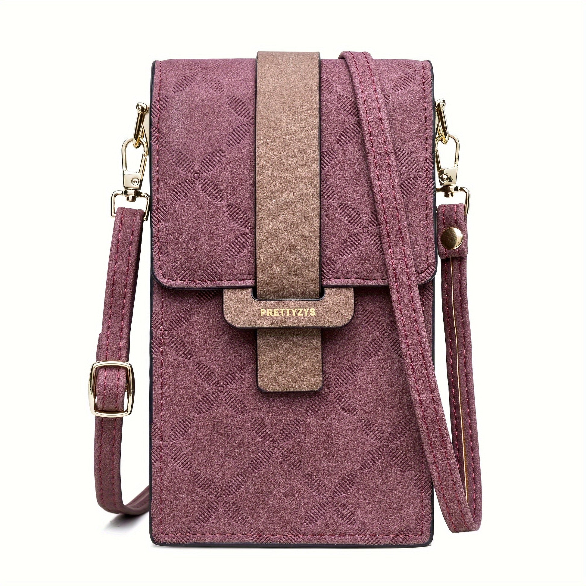 Fitlybuy Lily compact maroon crossbody bag with floral pattern, gold hardware, and a secure strap closure.