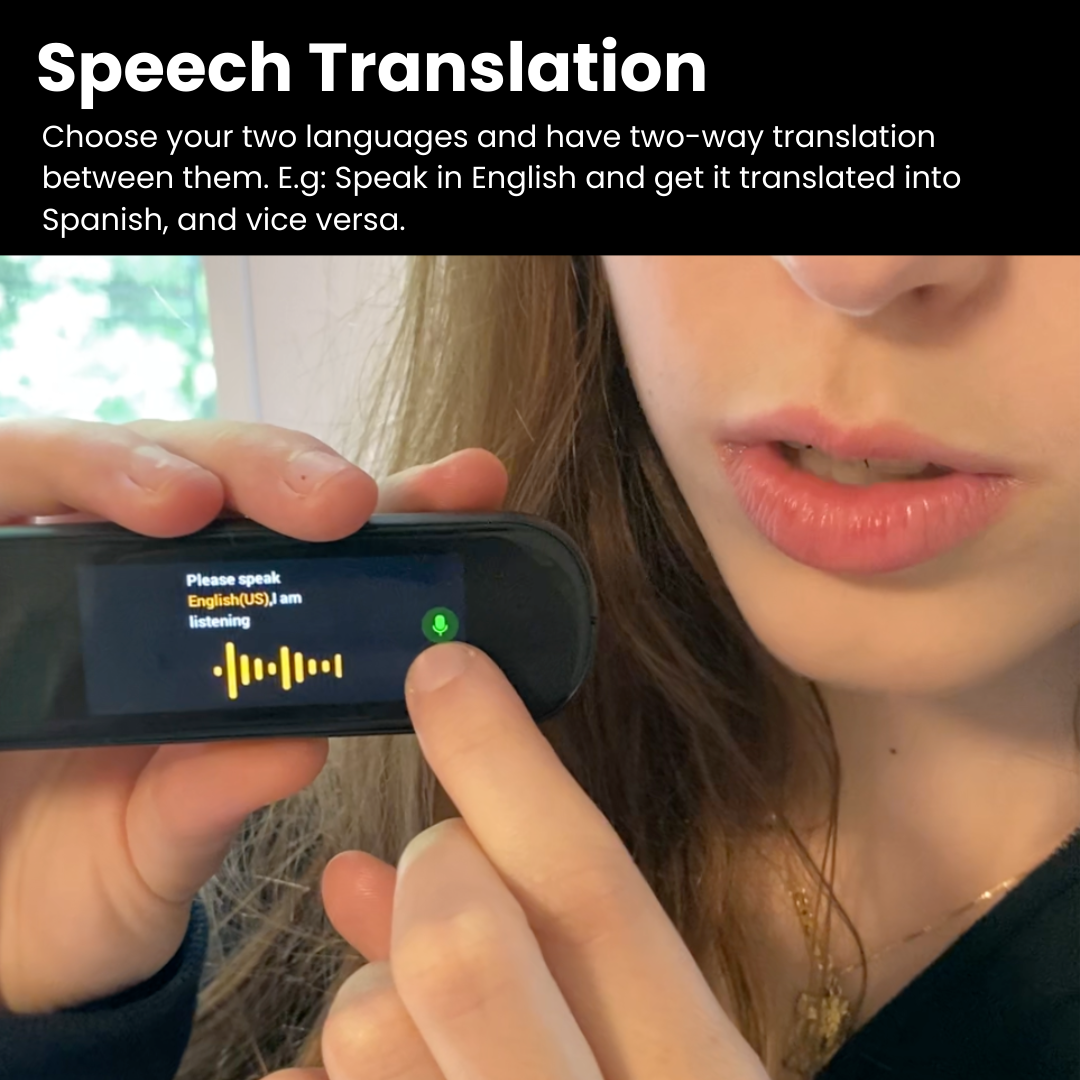 Fitlybuy black AI translator pen displaying voice input mode while held by a user for instant speech translation.