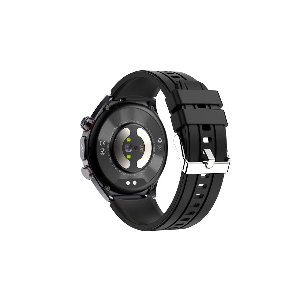 Fitlybuy Kexi-Life Pro 10 smartwatch showing back sensors, black silicone strap, and metallic side buttons.