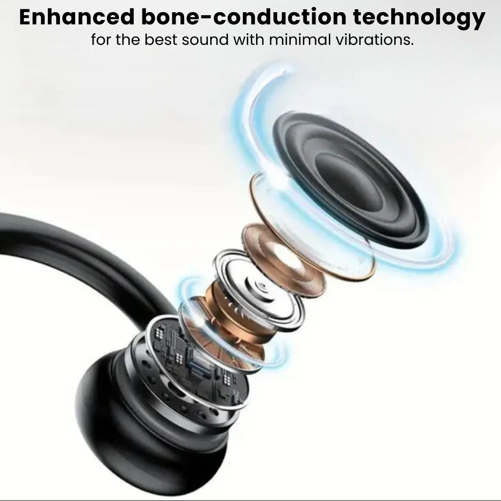Fitlybuy bone conduction headphone component diagram, showing layered internal audio technology for sport use.