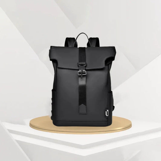 Fitlybuy BergTrek black waterproof ergonomic backpack with roll-top buckle closure, displayed on a circular platform.