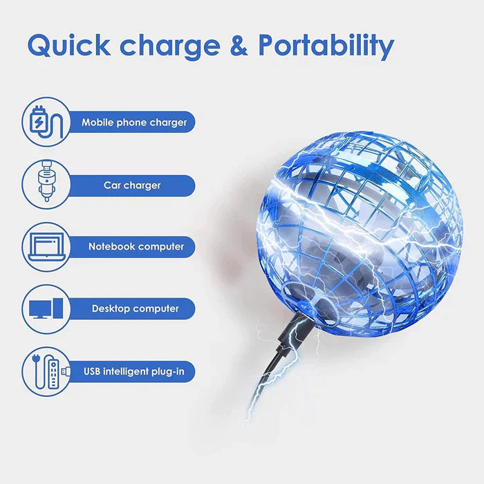 Blue Fitlybuy hover ball charging via USB, showing compatibility with phone, car, and computer chargers.