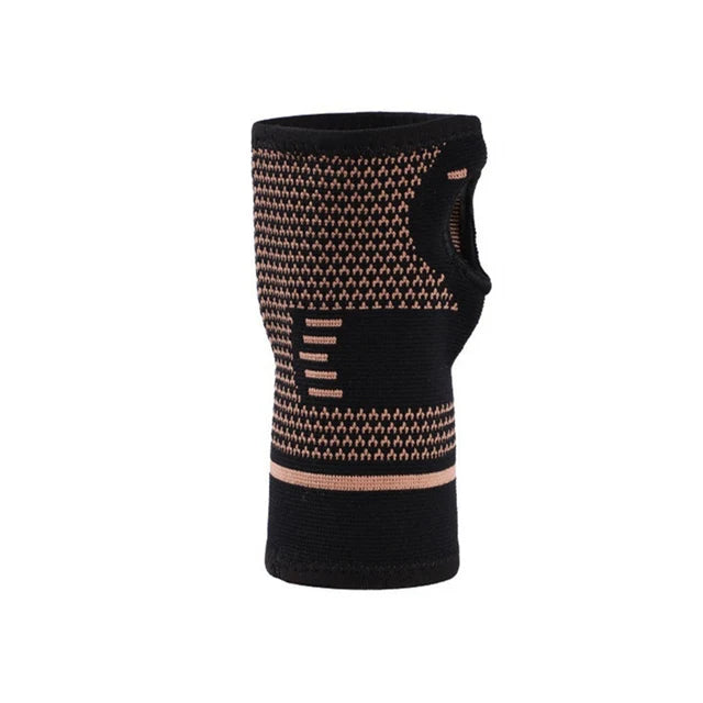 Fitlybuy Flex black and copper compression hand glove with adaptive textured support and thumb hole.