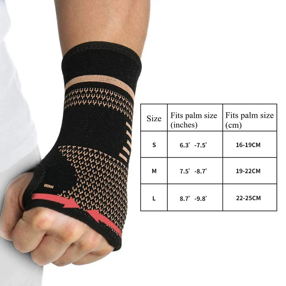 Fitlybuy Flex black and tan hand compression glove worn on wrist with an integrated palm sizing chart.