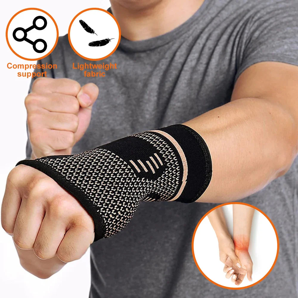 Fitlybuy Flex black and beige compression wrist support glove featuring adaptive fabric and lightweight design.