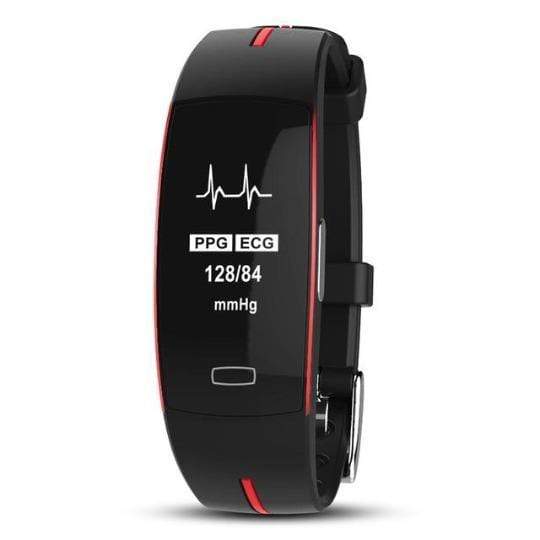 Fitlybuy SmartFit black smartwatch with red accents, showing ECG, PPG, and blood pressure readings on the digital screen.