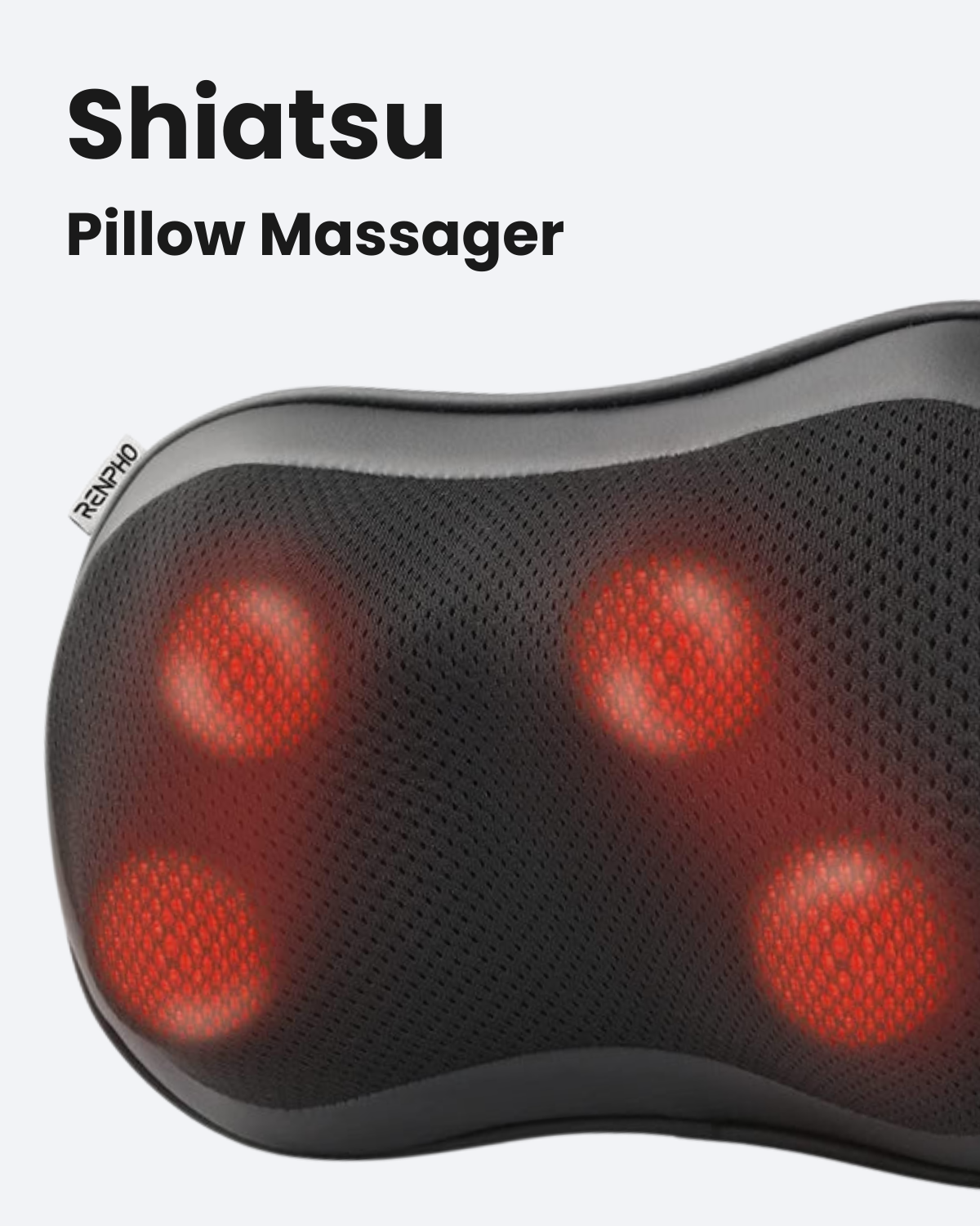 Black Fitlybuy RelaxMax Shiatsu massage pillow with glowing red heat therapy nodes against a light gray background.