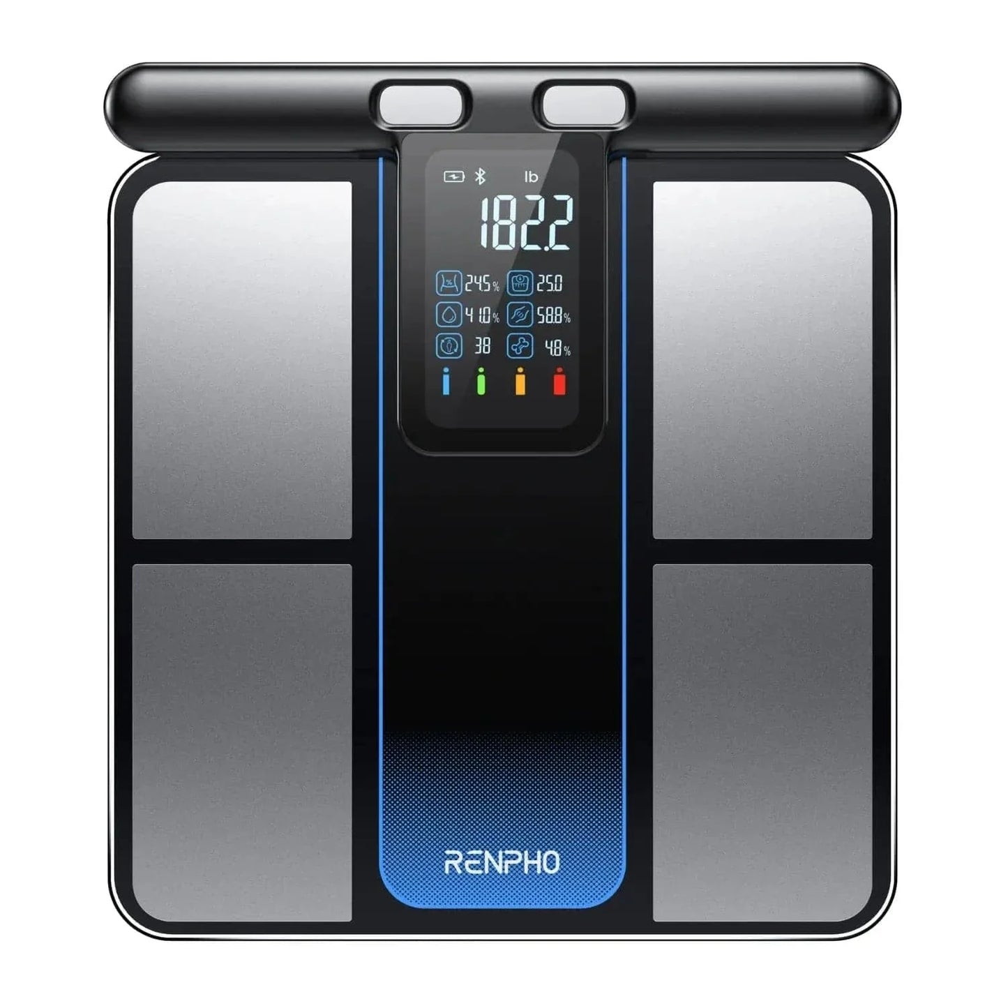 Black Fitlybuy MorphoScan smart scale with digital display, handle sensors, and body metrics on white background.