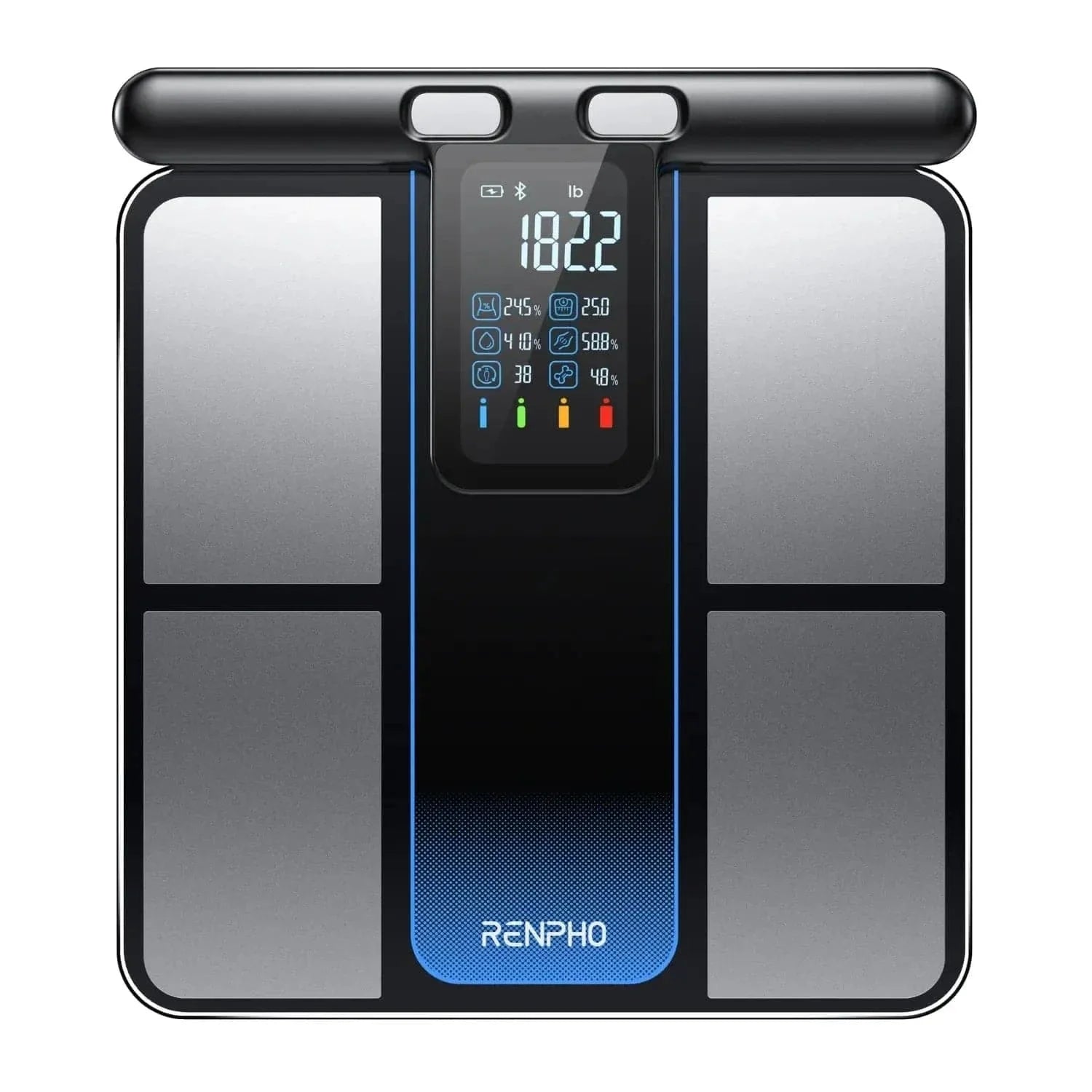 Black Fitlybuy MorphoScan smart scale with digital display, handle sensors, and body metrics on white background.