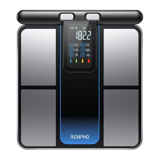 Black Fitlybuy MorphoScan smart scale with digital display, handle sensors, and body metrics on white background.