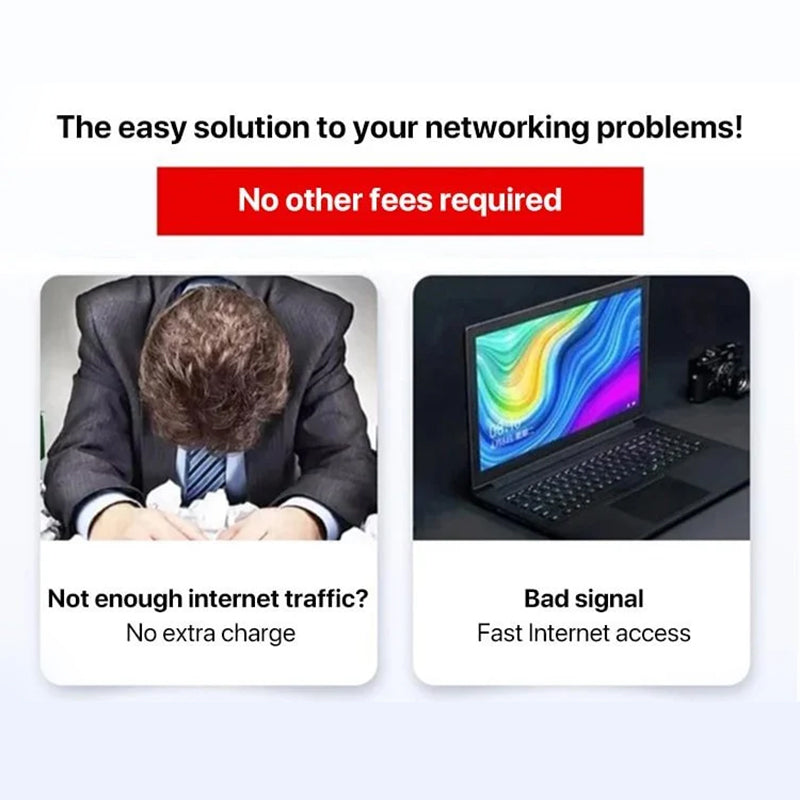 Fitlybuy WiFi Pro advertisement showing a frustrated businessman and a laptop, highlighting fast, fee-free connectivity.