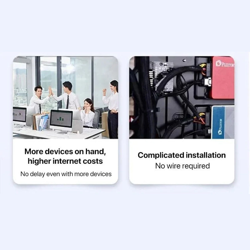 Fitlybuy WiFi Pro Booster comparison: showing seamless office connectivity vs. messy, complex cable setups.
