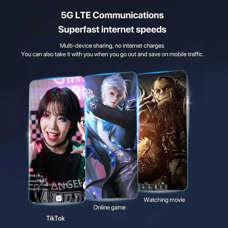 Fitlybuy WiFi Pro showing smartphone screens for TikTok, gaming, and movies to highlight 5G internet speed and sharing.