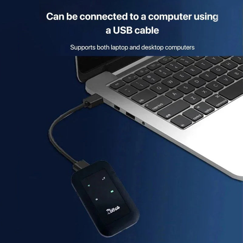 Fitlybuy WiFi Pro portable booster connected to a laptop via USB cable, featuring a black design and signal indicators.