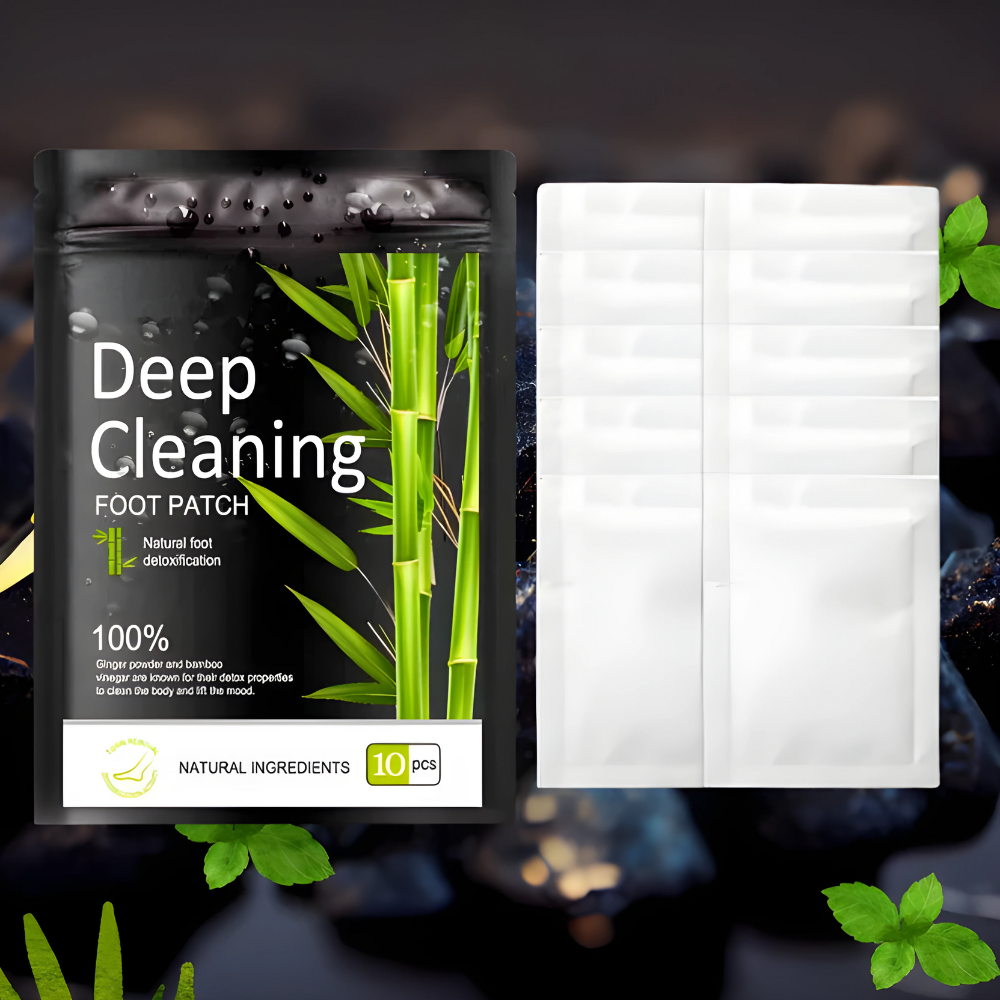 Black pouch of Fitlybuy bamboo foot detox patches with 10 white individual adhesive pads against a dark background.