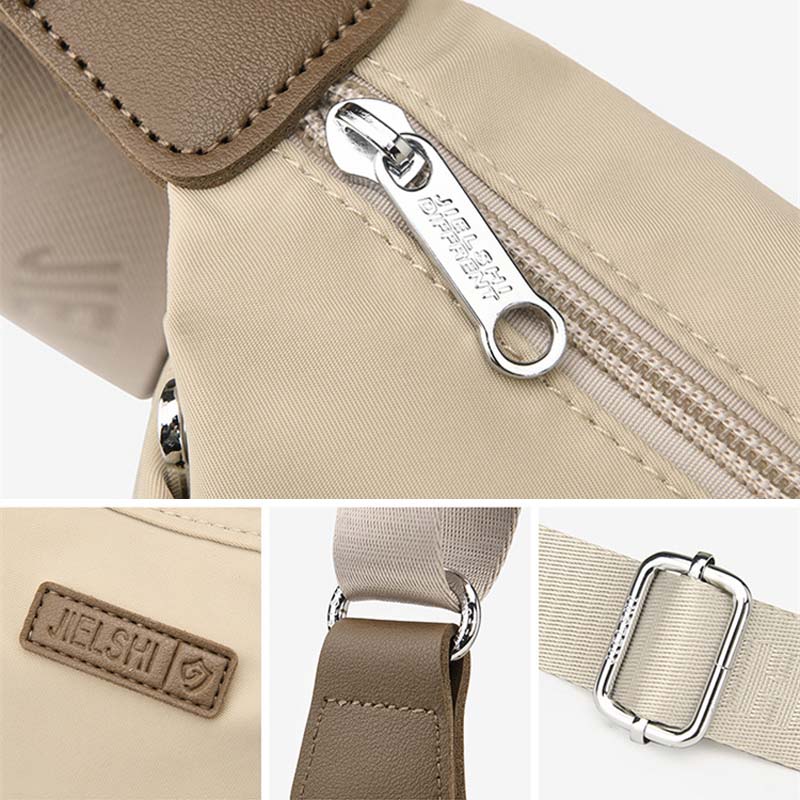 Beige waterproof anti-theft crossbody bag showing zipper detail, Jielshi logo patch, metal hardware, and strap buckle.