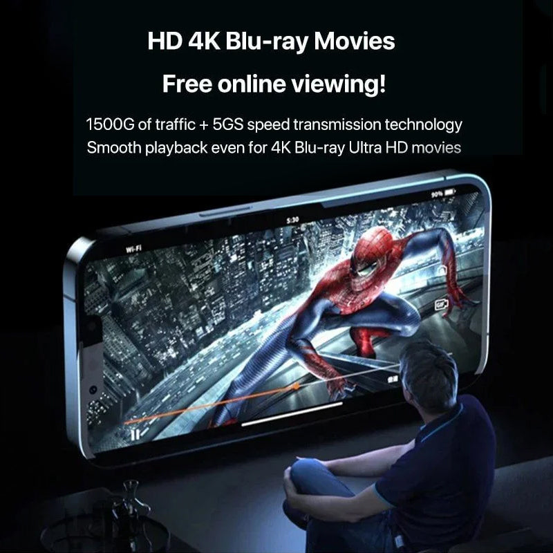 Fitlybuy WiFi Pro showing 4K movie streaming on a smartphone with UltraBoost amplification technology for smooth playback.