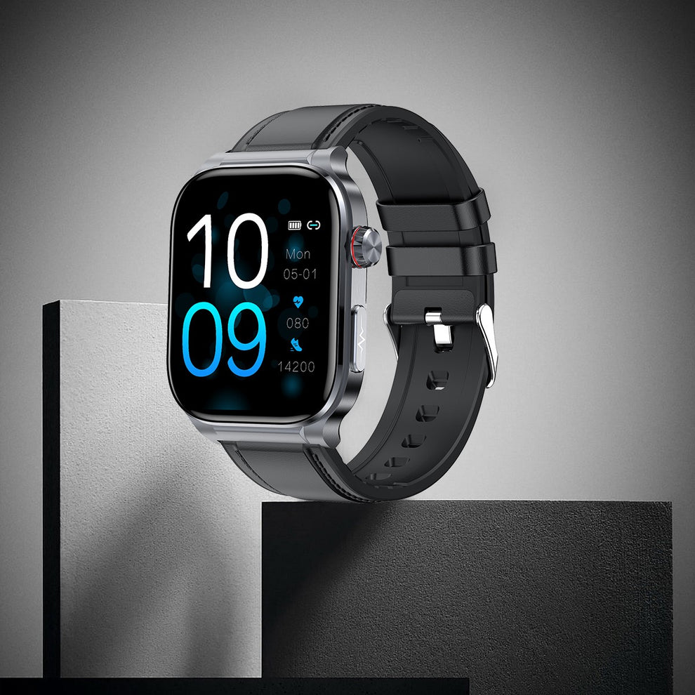 Fitlybuy Kexi-Life Pro 9 smartwatch with black silicone strap, silver case, and health tracking digital face.