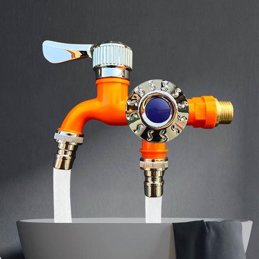 Fitlybuy ArcticFlow dual-outlet orange outdoor tap with chrome accents and frost protection, dispensing water into a basin.