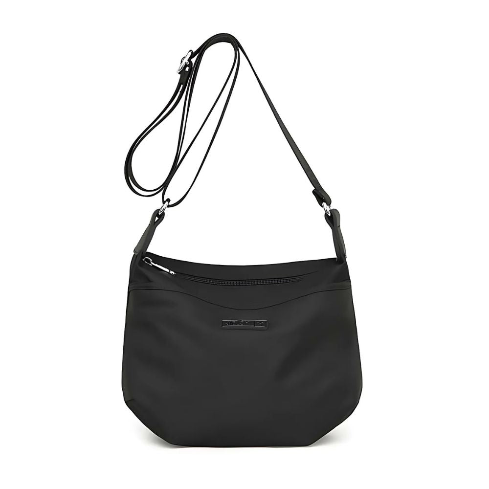 Fitlybuy Joanna black waterproof anti-theft crossbody shoulder bag with secure zippered closure and adjustable strap.