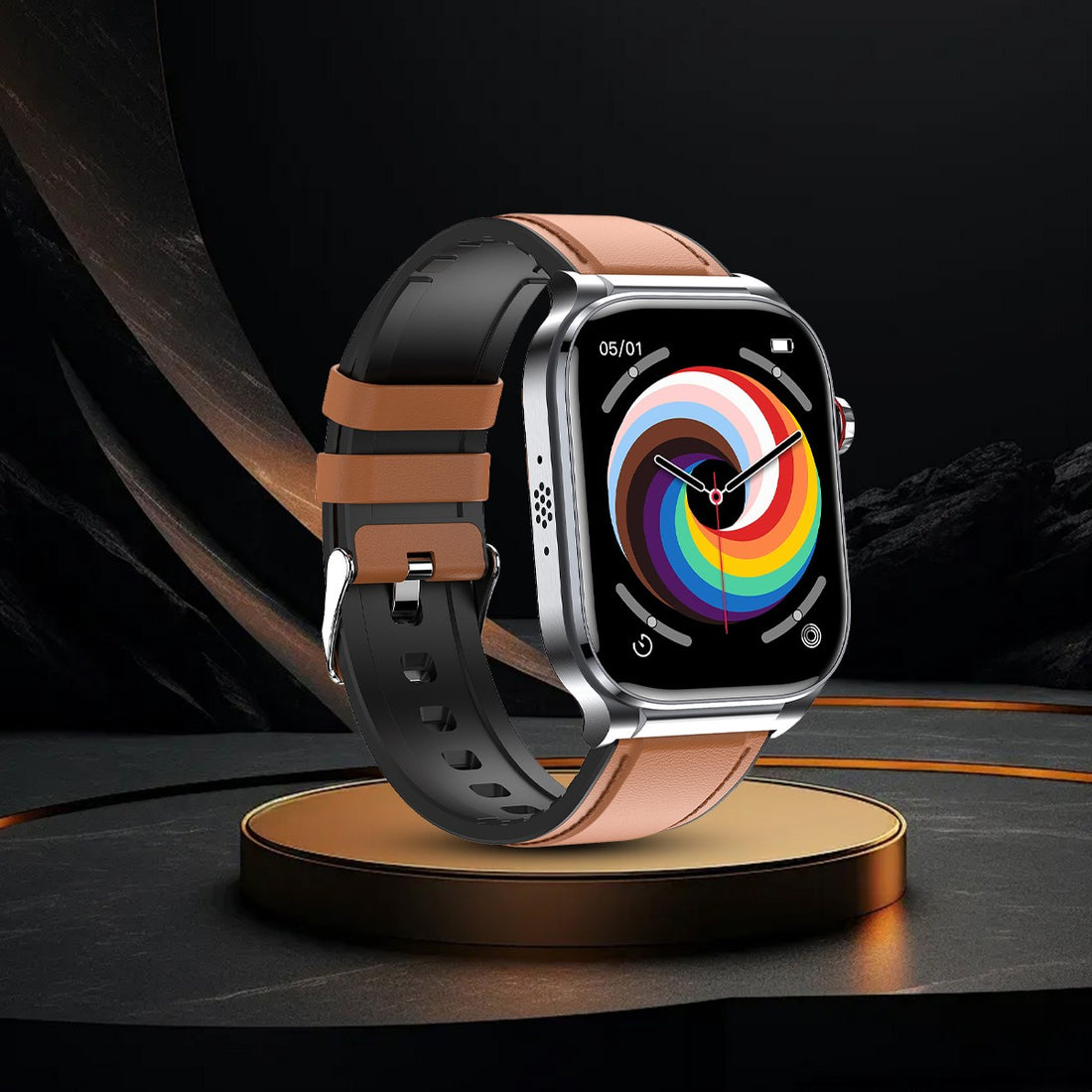Fitlybuy Kexi-Life Pro 9 silver smartwatch with tan and black band on a golden stand against a dark background.