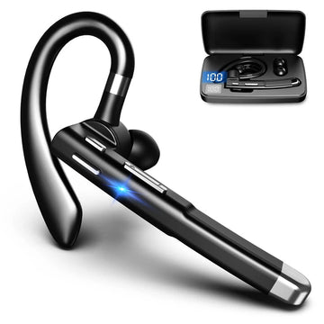 Fitlybuy RoadMic Pro Bluetooth 5.1 earpiece in black with ear hook, noise-canceling mic, and digital charging case.