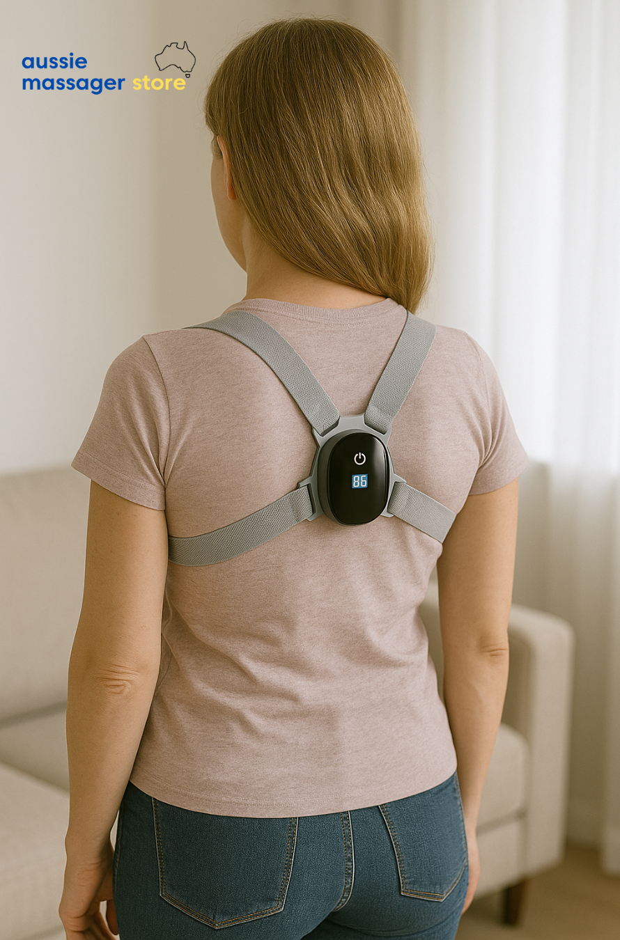 Woman wears a black Fitlybuy SmartSpine posture sensor with a digital display over grey straps on her back.