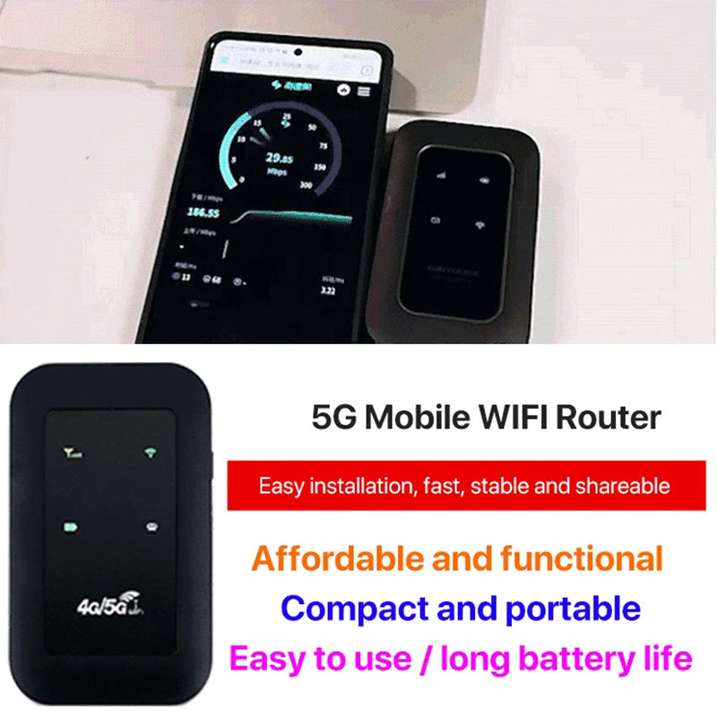 Fitlybuy 5G portable WiFi booster in black with signal speed test on smartphone and feature highlights.