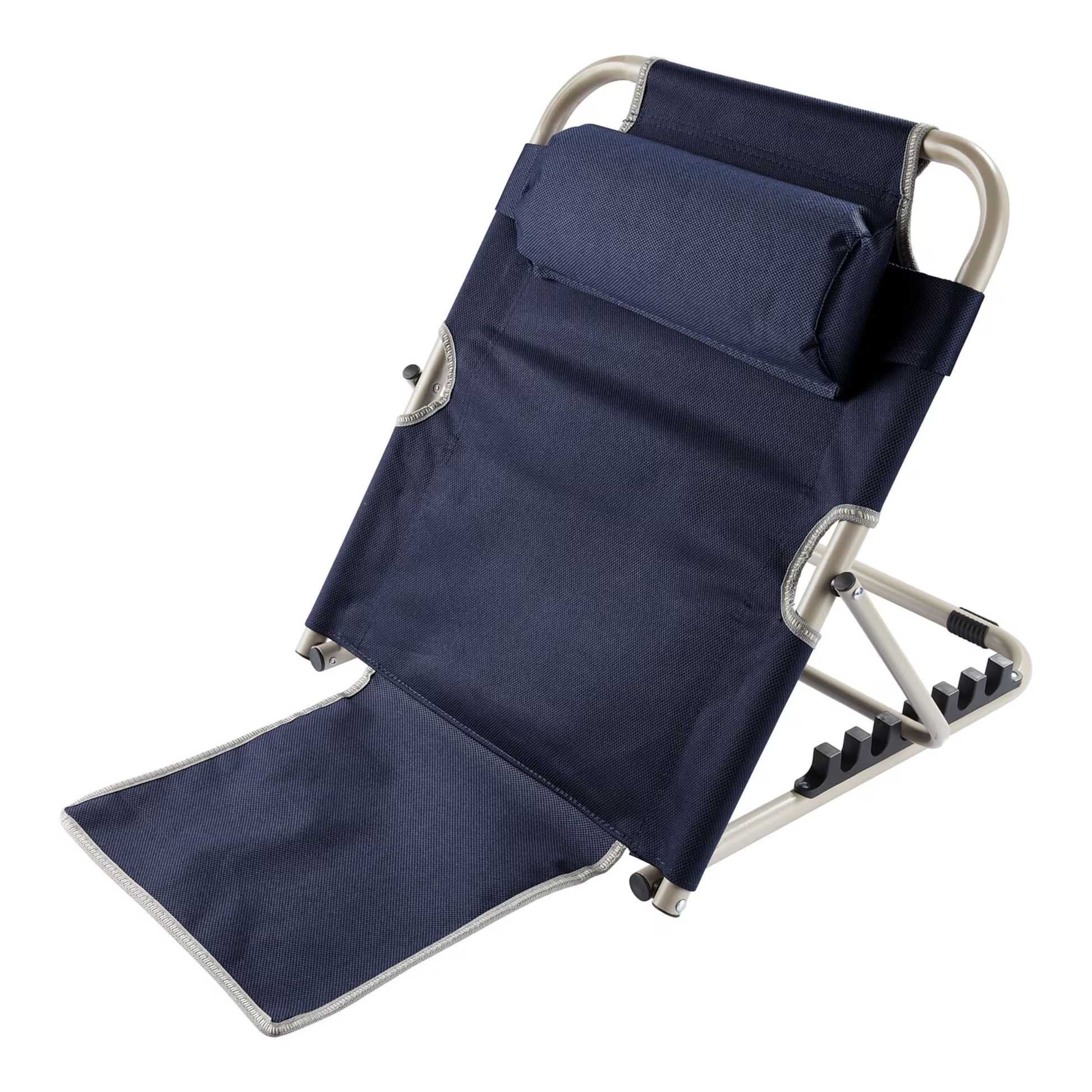 Fitlybuy navy blue adjustable backrest with head cushion, metal frame, and base seat, isolated on a white background.