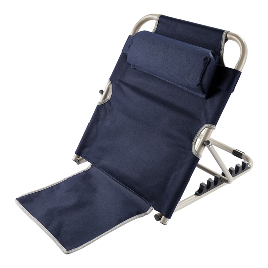 Fitlybuy navy blue adjustable backrest with head cushion, metal frame, and base seat, isolated on a white background.