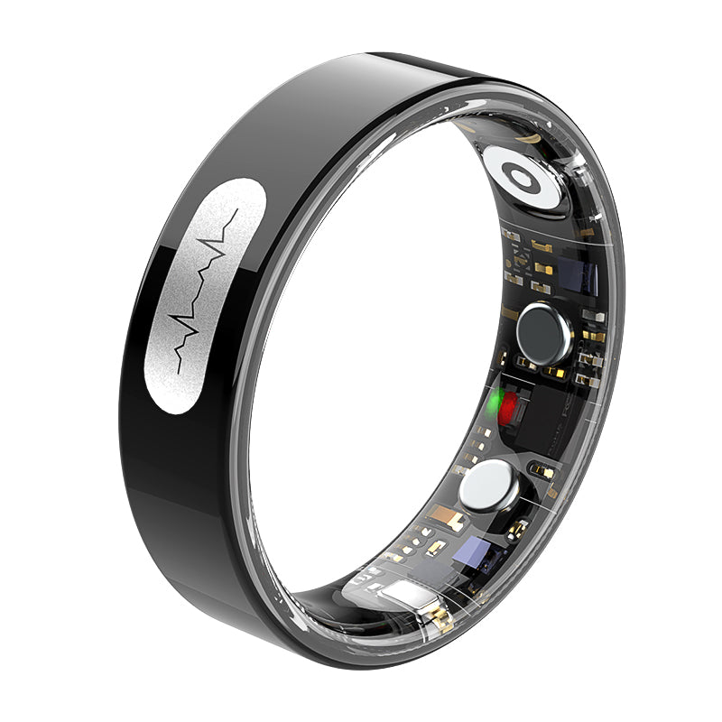 Black Fitlybuy Kexi-Life R08 smart ring with EKG pattern, showing internal health sensors and tech against white.