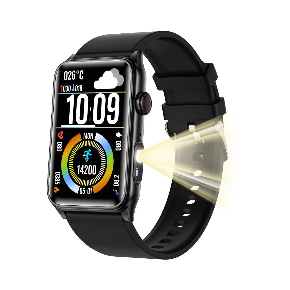 Black Fitlybuy Kexi-Life smartwatch with a glowing side flashlight and digital fitness display.
