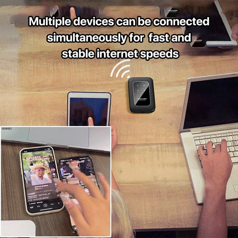 Fitlybuy WiFi Pro: Black portable signal booster on desk with multiple devices connected for stable, high-speed internet.