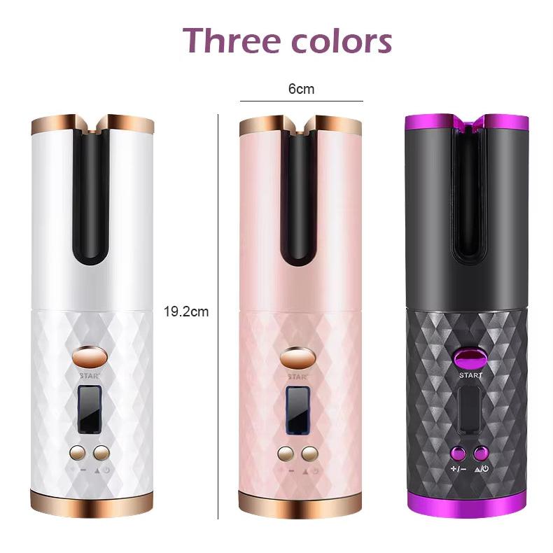 Three Fitlybuy Amara wireless automatic curling irons in white, pink, and black, featuring SmartCurl technology.