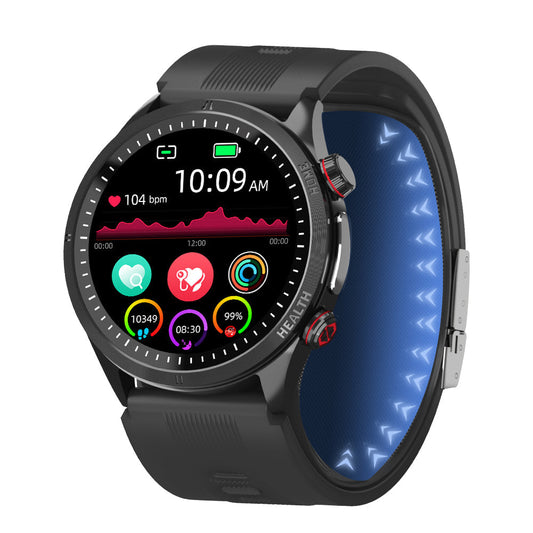 Black Kexi-Life Max 5 health smartwatch with touchscreen display showing ECG, heart rate, and fitness metrics.