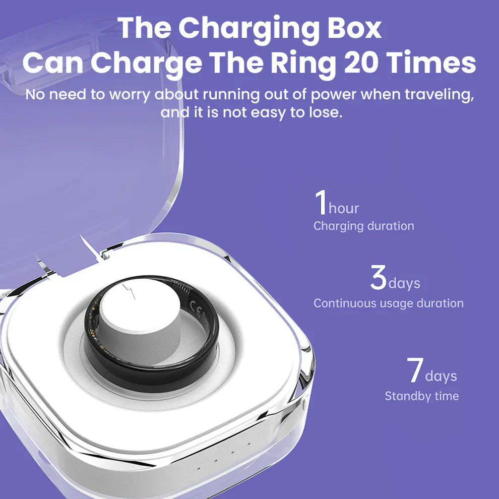 Fitlybuy Kexi-Life R08 smart ring in a transparent charging case with battery life specs on a purple background.