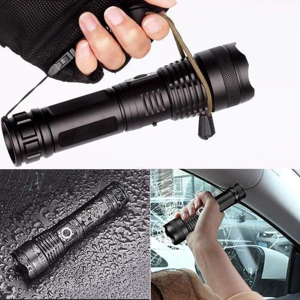 Fitlybuy black high-power waterproof LED flashlight being held, shown wet, and used in a car.