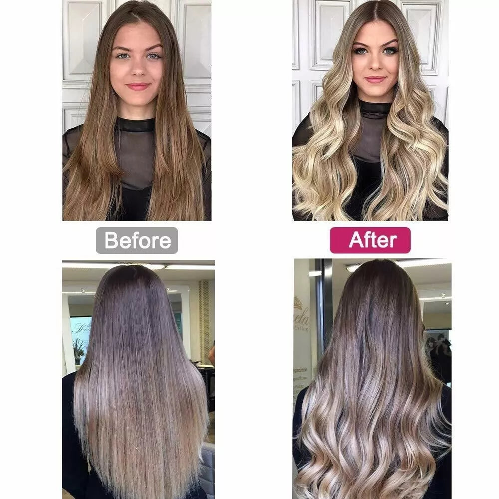 Before and after photos showing long straight hair transformed into wavy curls using Fitlybuy Amara wireless curler.