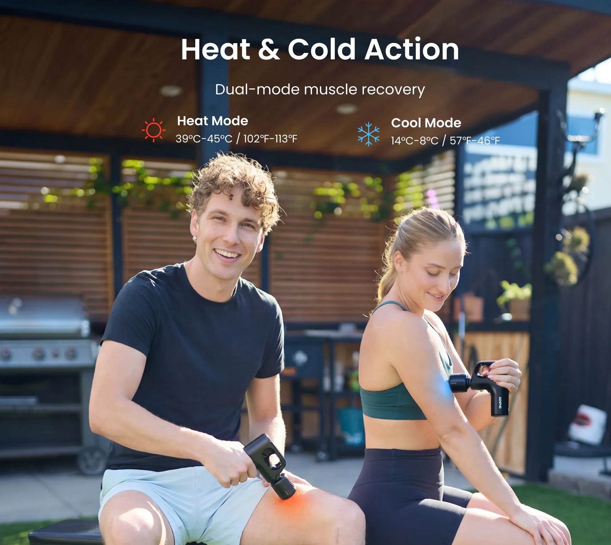 Fitlybuy Active Mini massage gun with heat and cold therapy held by a man and woman on a patio for muscle recovery.