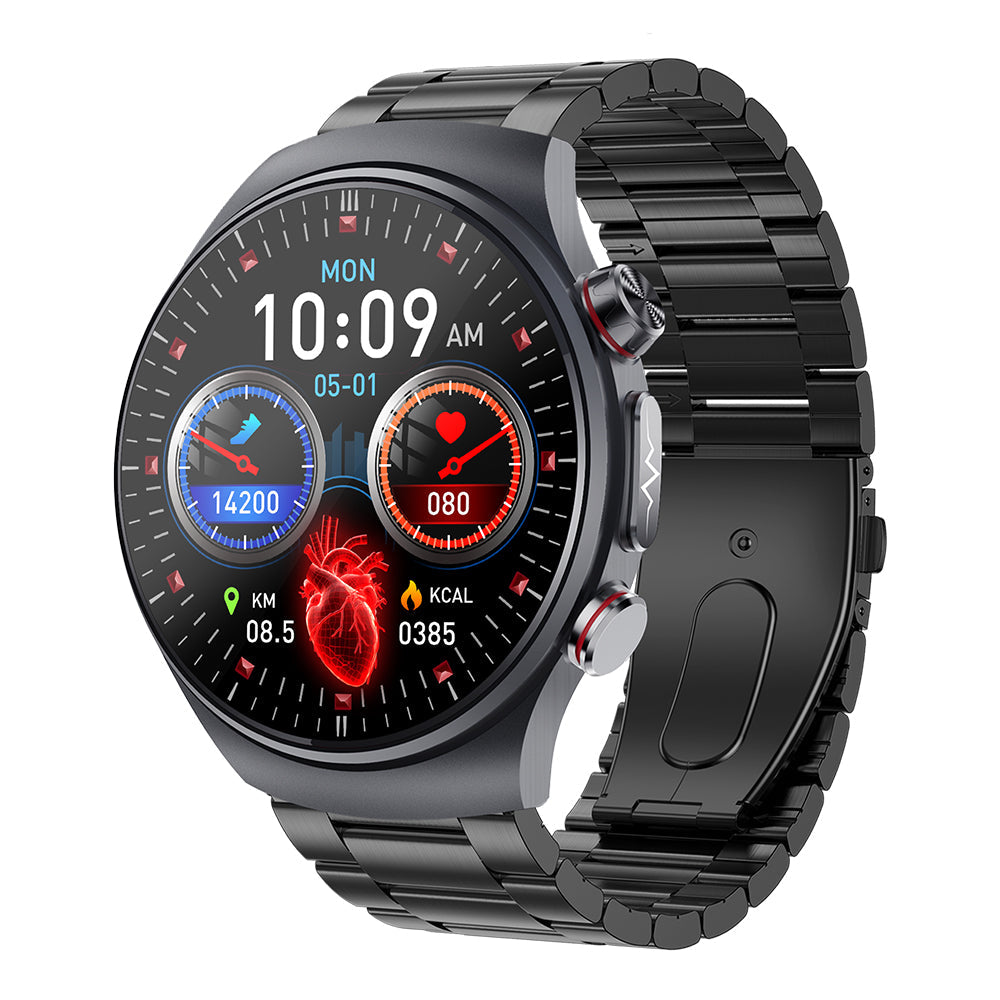 Fitlybuy Kexi-Life Pro 10 black metal smartwatch with health tracking display showing heart rate and fitness metrics.